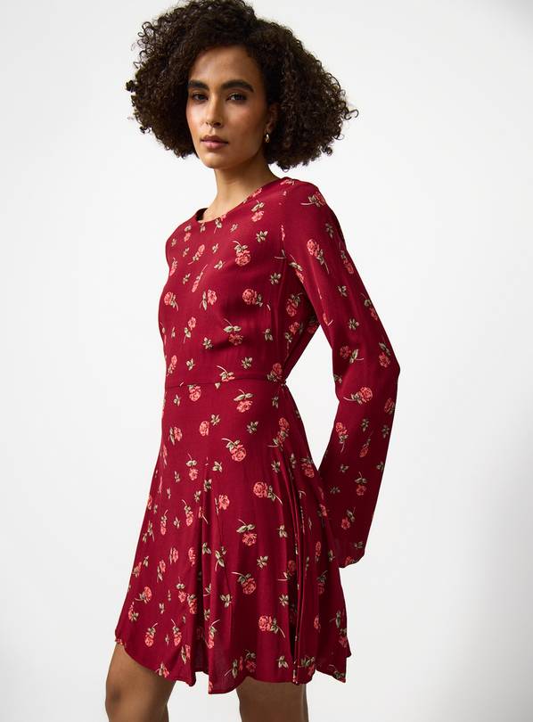 Burgundy Floral Print Waisted Mini Dress 16